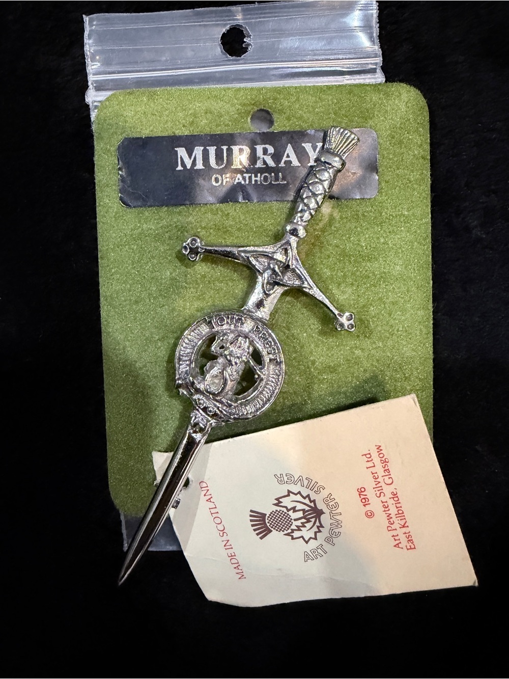 Vintage 1976 Scottish Clan Murray of Atholl Sword Kilt Pin by Art Pewter Silver